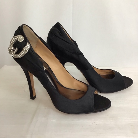 BADGLEY MISCHKA WOMEN ELEGANT BLACK SILK RHINESTONE BROACH OPEN TOE HEELS SZ 8M - Picture 6 of 7